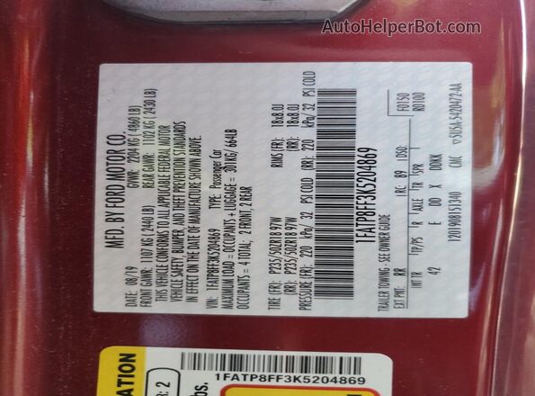 1FATP8FF3K5204869 2019 FORD MUSTANG Red Вид підкапотного простору