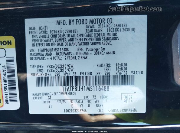 1FATP8UH1M5116488 2021 FORD MUSTANG Black 