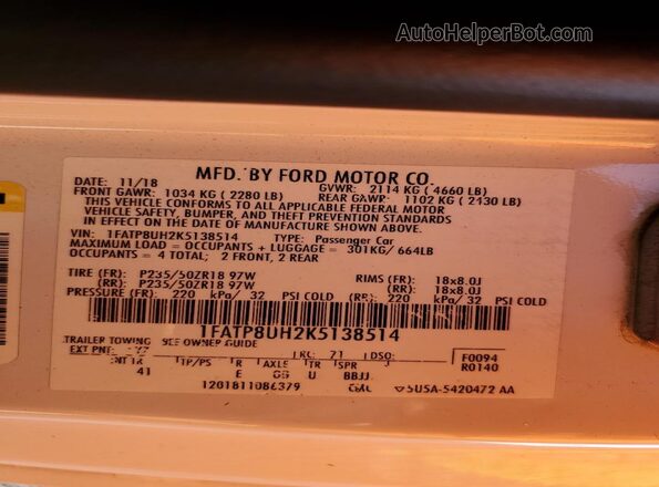1FATP8UH2K5138514 2019 FORD MUSTANG White VIN კოდის სტიკერის ხედი