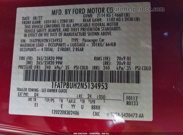 1FATP8UH2N5134953 2022 FORD MUSTANG Красный Вид подкапотного пространства