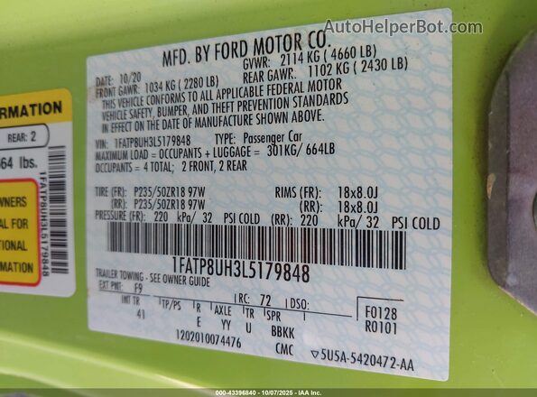 1FATP8UH3L5179848 2020 FORD MUSTANG Зеленый Вид подкапотного пространства