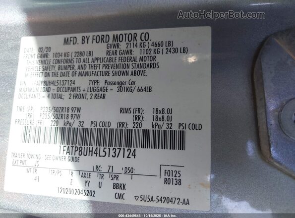 1FATP8UH4L5137124 2020 FORD MUSTANG Silver Շարժիչի բաժամունքի տեսք