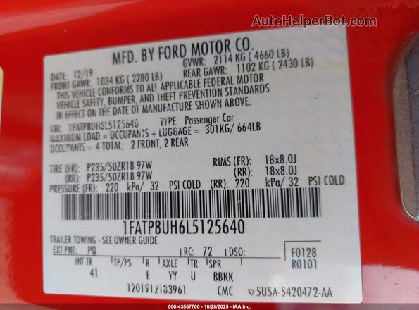 1FATP8UH6L5125640 2020 FORD MUSTANG Red Շարժիչի բաժամունքի տեսք