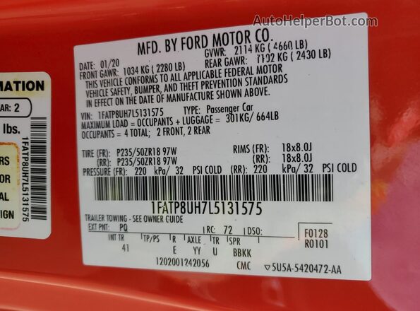 1FATP8UH7L5131575 2020 FORD MUSTANG Red ძრავის განყოფილების ხედი