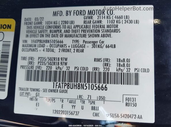 1FATP8UH8N5105666 2022 FORD MUSTANG Черный Вид подкапотного пространства