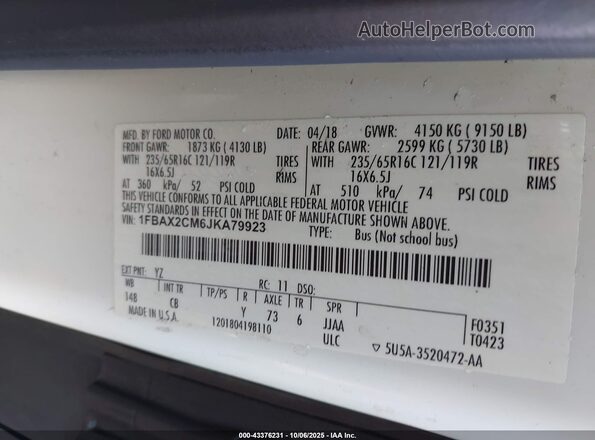1FBAX2CM6JKA79923 2018 FORD TRANSIT-350 White Вид підкапотного простору
