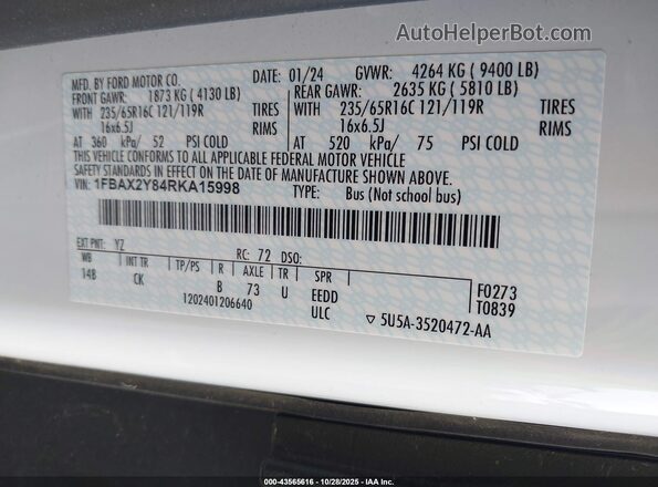 1FBAX2Y84RKA15998 2024 FORD PASSENGER White Widok komory silnika