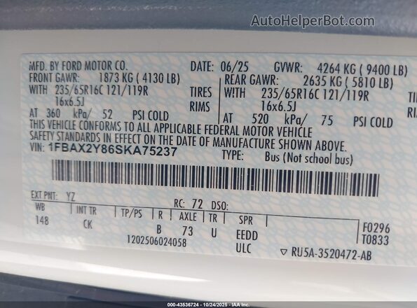 1FBAX2Y86SKA75237 2025 FORD PASSENGER White Engine compartment view