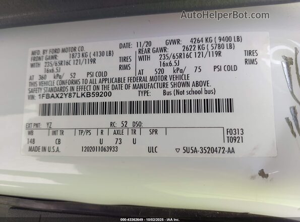 1FBAX2Y87LKB59200 2020 FORD PASSENGER White Շարժիչի բաժամունքի տեսք