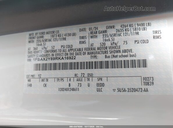 1FBAX2Y89RKA16922 2024 FORD PASSENGER White Շարժիչի բաժամունքի տեսք