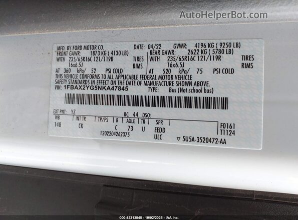 1FBAX2YG5NKA47845 2022 FORD PASSENGER White Engine compartment view