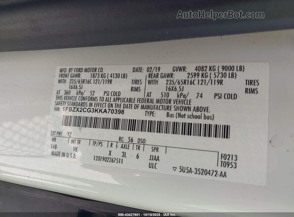1FBZX2CG3KKA70398 2019 FORD TRANSIT-350 White Vista del compartimento del motor