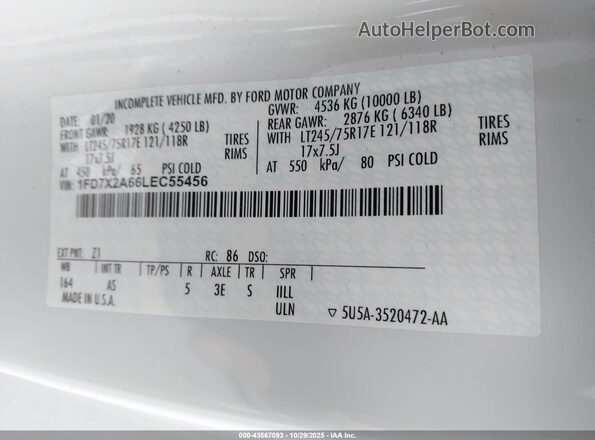 1FD7X2A66LEC55456 2020 FORD F-250 White Vista del compartimento del motor