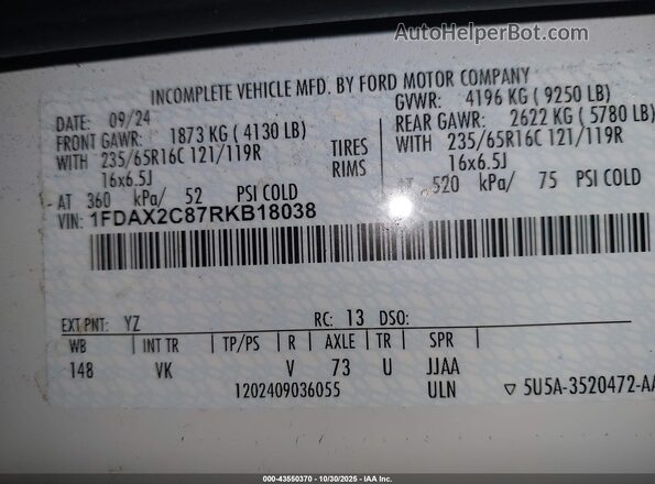 1FDAX2C87RKB18038 2024 FORD PASSENGER White Շարժիչի բաժամունքի տեսք