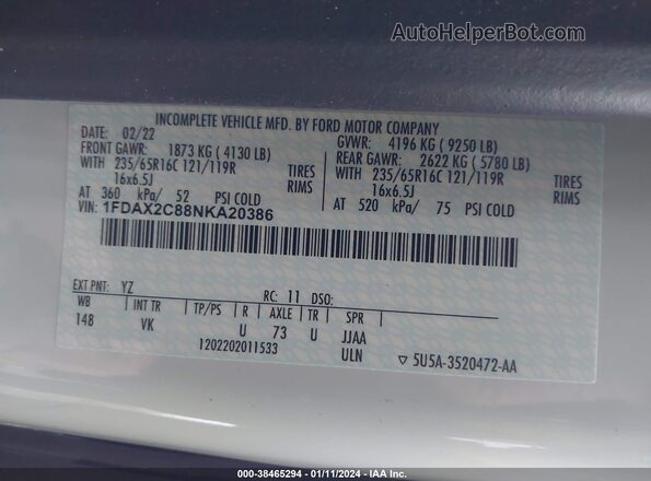 1FDAX2C88NKA20386 2022 FORD PASSENGER White Вид підкапотного простору