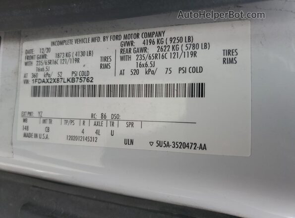 1FDAX2X87LKB75762 2020 FORD TRANSIT White Вид наклейки з VIN-кодом