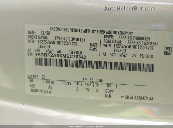 1FDBF2A6XMEC76342 2021 FORD F-250 White Widok komory silnika