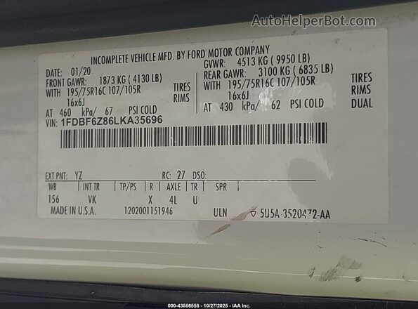 1FDBF6Z86LKA35696 2020 FORD TRANSIT-350 White 
