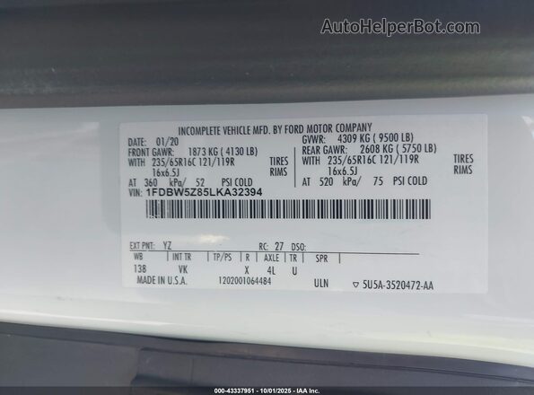 1FDBW5Z85LKA32394 2020 FORD TRANSIT-350 Белый Вид подкапотного пространства