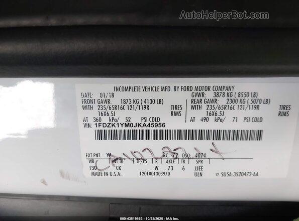 1FDZK1YM0JKA45956 2018 FORD TRANSIT-150 White Вид підкапотного простору