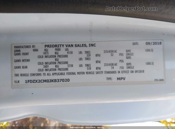 1FDZX2CM0JKB37020 2018 FORD TRANSIT-350 White 