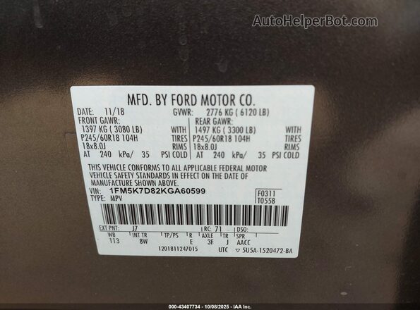 1FM5K7D82KGA60599 2019 FORD FORD EXPLORER Gray Vista del compartimento del motor