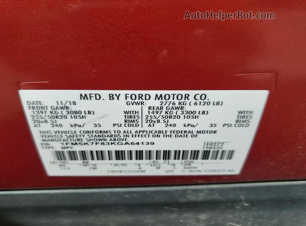 1FM5K7F83KGA64139 2019 FORD FORD EXPLORER Red VIN sticker view