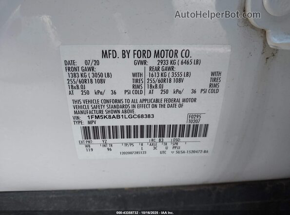 1FM5K8AB1LGC68383 2020 FORD POLICE INTERCEPTOR White Вид підкапотного простору