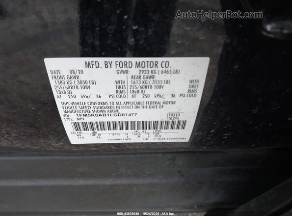 1FM5K8AB1LGD01477 2020 FORD POLICE INTERCEPTOR Black Շարժիչի բաժամունքի տեսք
