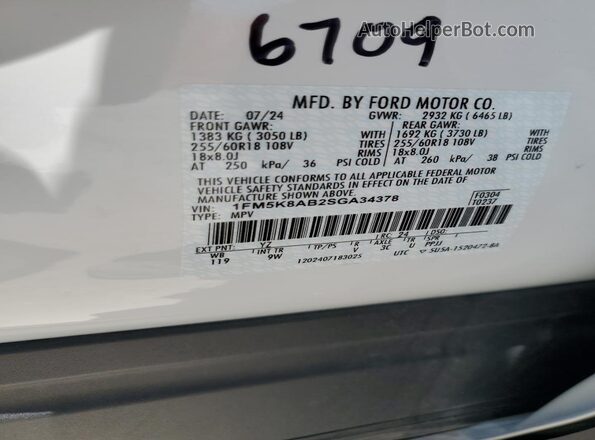 1FM5K8AB2SGA34378 2025 FORD FORD EXPLORER White Widok naklejki z numerem VIN