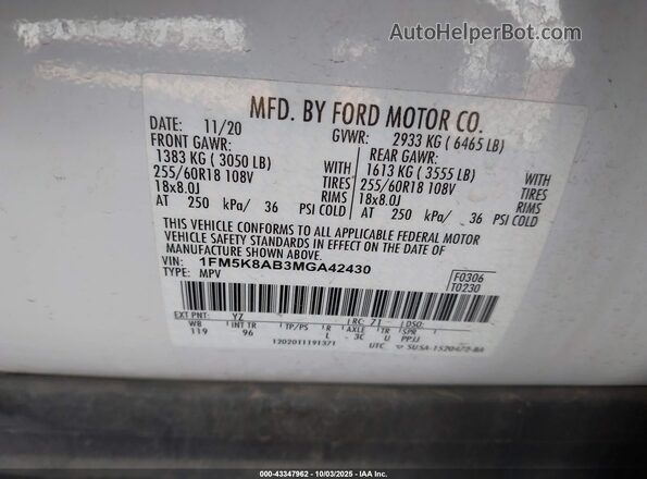 1FM5K8AB3MGA42430 2021 FORD POLICE INTERCEPTOR White Engine compartment view
