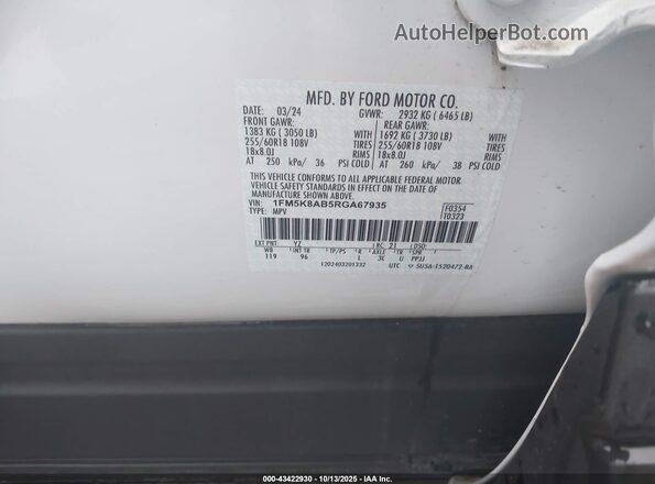 1FM5K8AB5RGA67935 2024 FORD POLICE INTERCEPTOR White Widok komory silnika