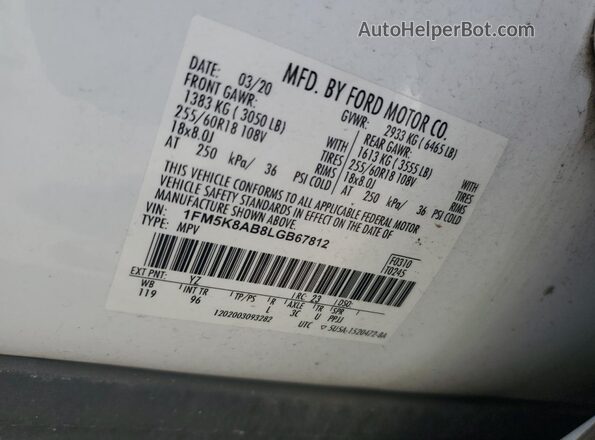 1FM5K8AB8LGB67812 2020 FORD FORD EXPLORER White Widok naklejki z numerem VIN
