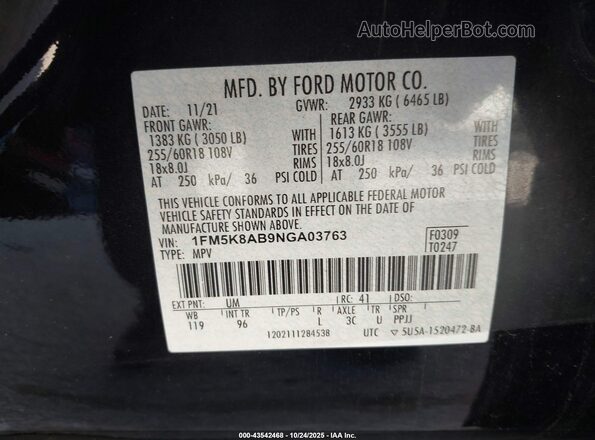 1FM5K8AB9NGA03763 2022 FORD POLICE INTERCEPTOR Black Вид підкапотного простору