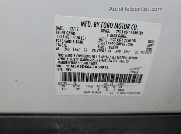 1FM5K8D80JGA56913 2018 FORD FORD EXPLORER White 