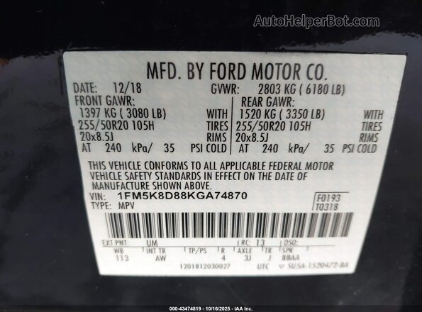 1FM5K8D88KGA74870 2019 FORD FORD EXPLORER Black Widok komory silnika