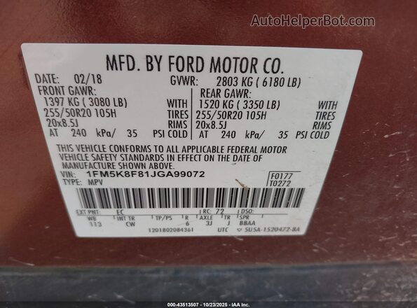1FM5K8F81JGA99072 2018 FORD FORD EXPLORER Brown 