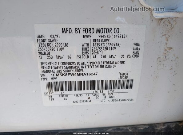 1FM5K8FW4MNA16247 2021 FORD FORD EXPLORER Белый 