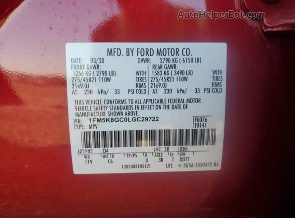1FM5K8GC0LGC29722 2020 FORD FORD EXPLORER Red Widok wnętrza 360 stopni