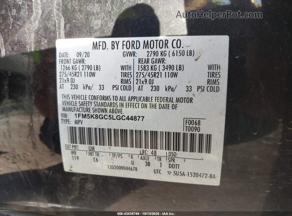 1FM5K8GC5LGC44877 2020 FORD FORD EXPLORER Black Vista del compartimento del motor