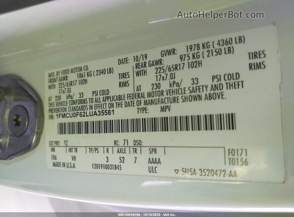 1FMCU0F62LUA35581 2020 FORD ESCAPE Белый Вид подкапотного пространства