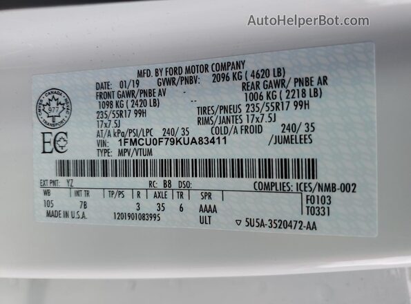 1FMCU0F79KUA83411 2019 FORD ESCAPE White 