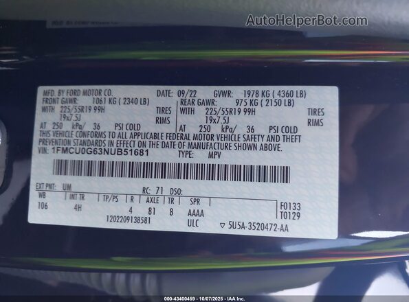 1FMCU0G63NUB51681 2022 FORD ESCAPE Черный Вид подкапотного пространства