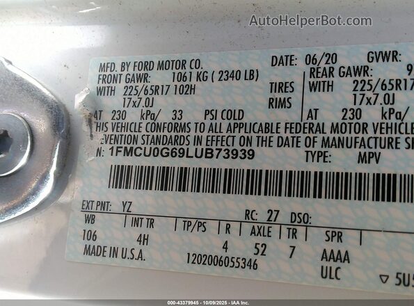1FMCU0G69LUB73939 2020 FORD ESCAPE White ძრავის განყოფილების ხედი
