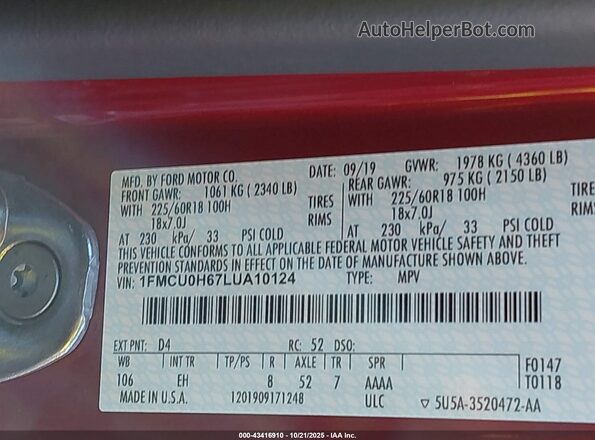 1FMCU0H67LUA10124 2020 FORD ESCAPE Черный Вид подкапотного пространства