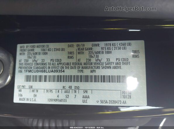 1FMCU0H68LUA09354 2020 FORD ESCAPE Black ძრავის განყოფილების ხედი