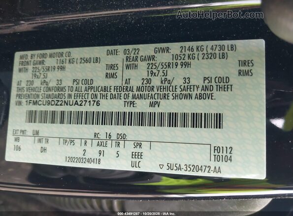 1FMCU9DZ2NUA27176 2022 FORD ESCAPE Black Widok komory silnika
