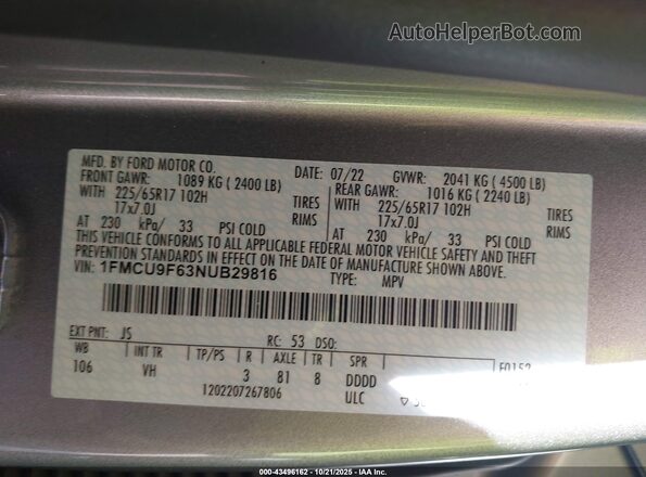 1FMCU9F63NUB29816 2022 FORD ESCAPE Серый Вид подкапотного пространства