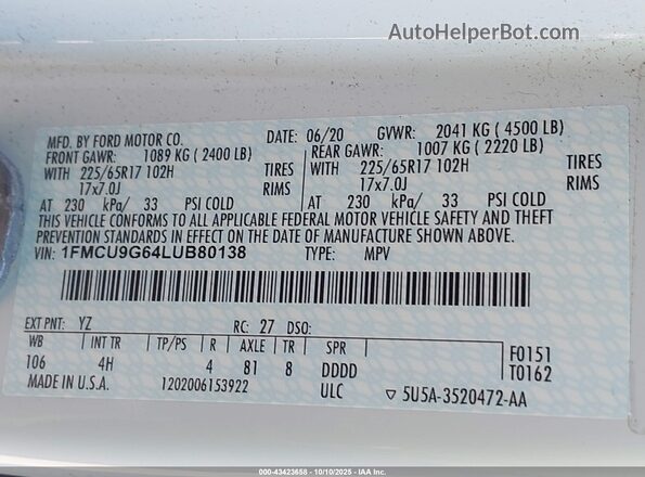 1FMCU9G64LUB80138 2020 FORD ESCAPE White Engine compartment view