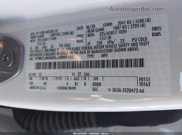 1FMCU9G65LUB80102 2020 FORD ESCAPE White Вид підкапотного простору